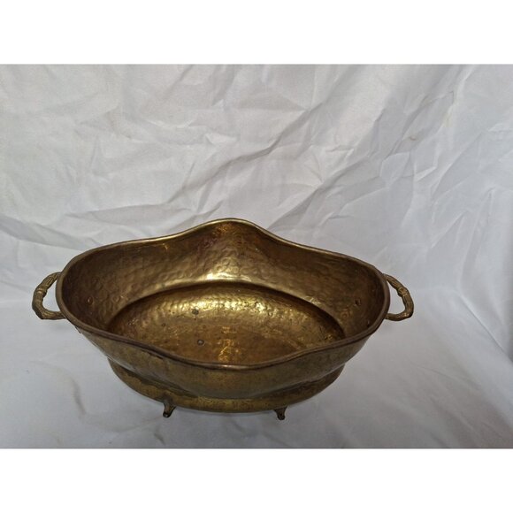 Hosley International Solid Brass Hammered Design Oblong With Handles Planter Pot - Picture 2 of 11